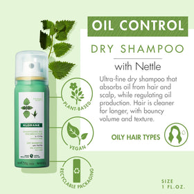 Klorane spray action showing fine mist for quick oil absorption and even coverage