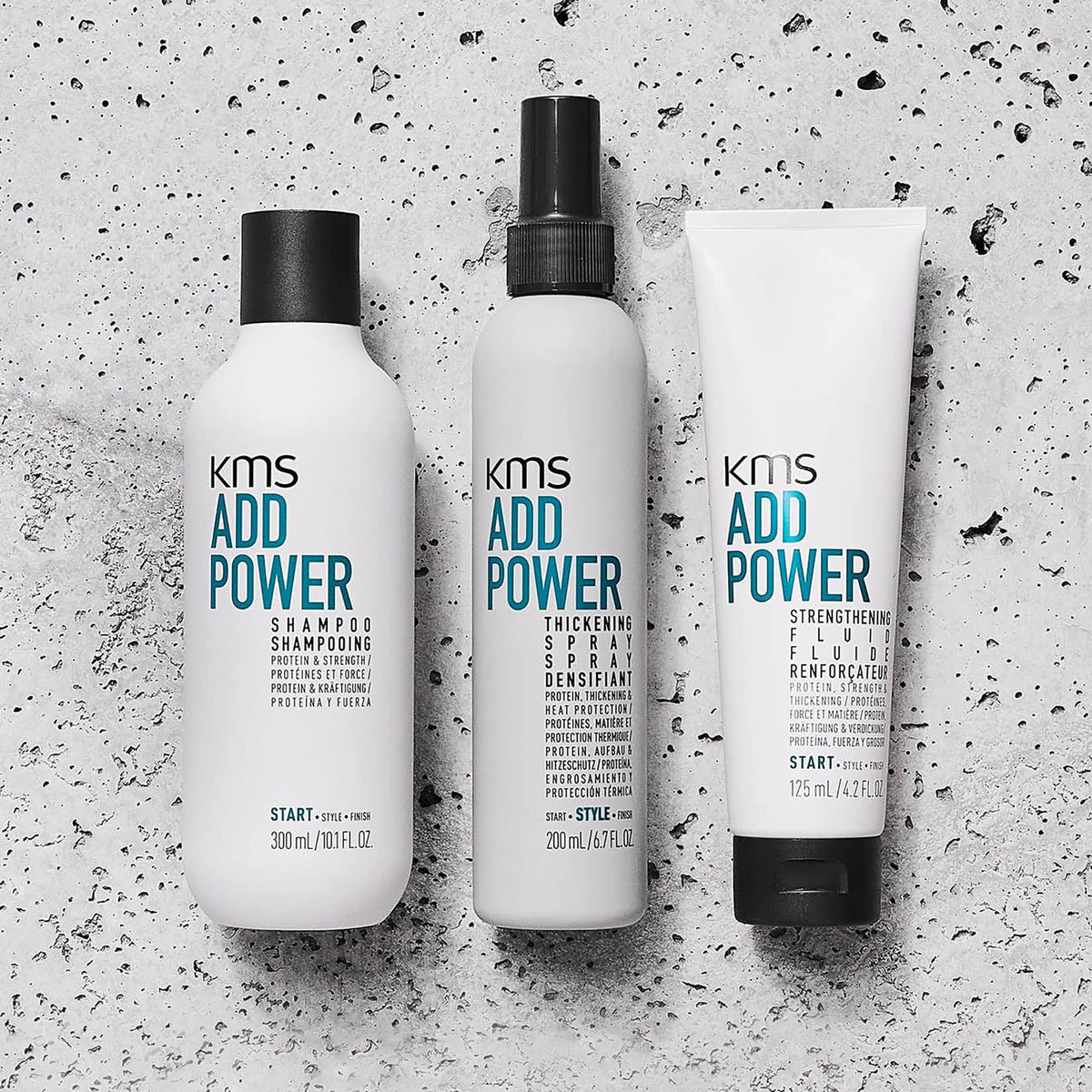 KMS ADDPOWER bottle beside ruler showing 10.14 fl oz size for accurate scale