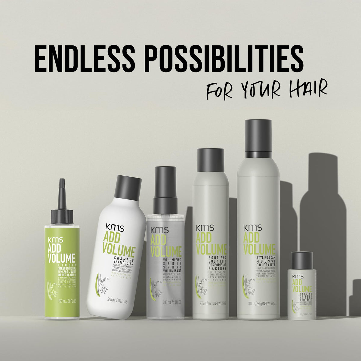 KMS AddVolume bottle staged in bathroom showcasing professional product use