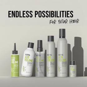 KMS AddVolume bottle staged in bathroom showcasing professional product use