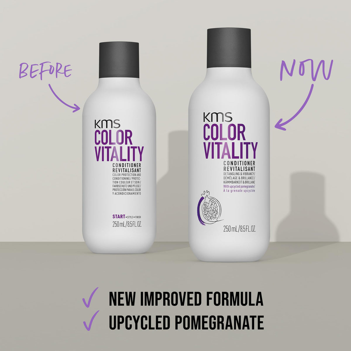 KMS before and after color-treated hair demonstrating improved shine