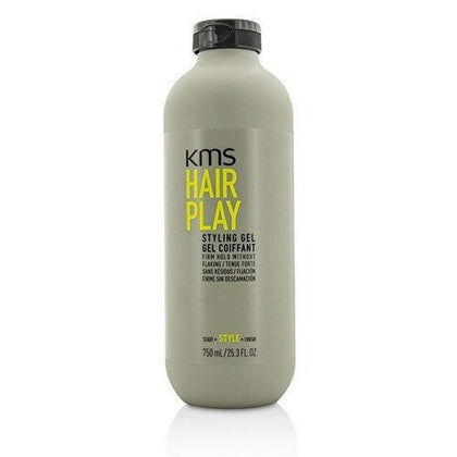 KMS HairPlay styling gel front packaging shows large 25.3 oz jar and glossy finish benefit
