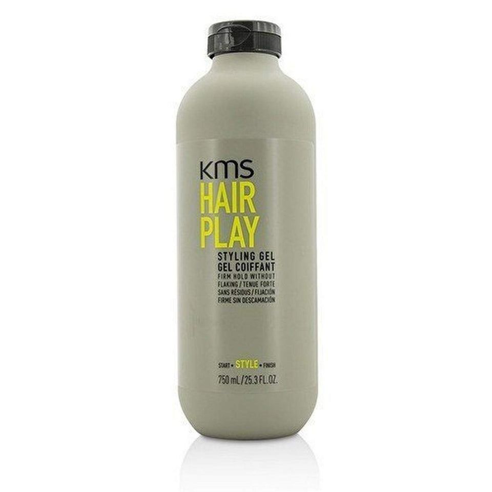 KMS HairPlay styling gel front packaging shows large 25.3 oz jar and glossy finish benefit