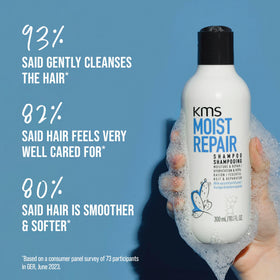 KMS moistrepair bottle in hand to show 10.1 oz size and travel-friendly benefit