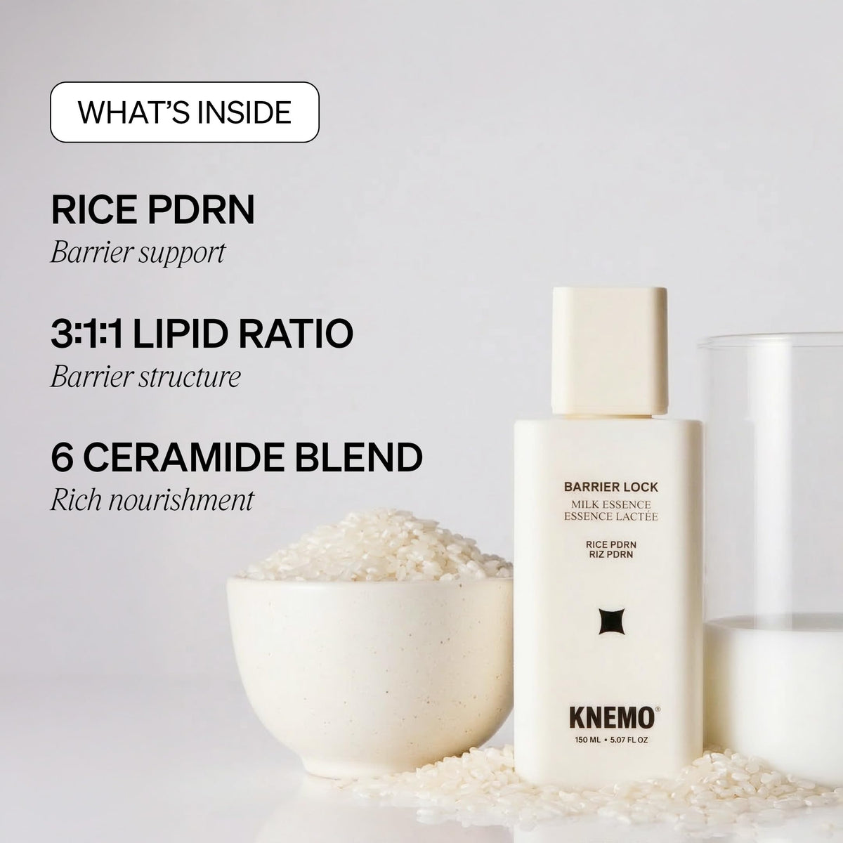 KNEMO ingredient label highlighting Rice PDRN and 6 ceramides for resilience