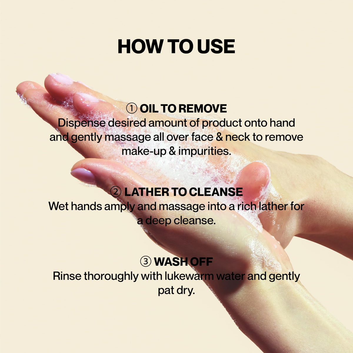 Knours foamed cleanser on hand showing gentle lather and easy rinsing benefit