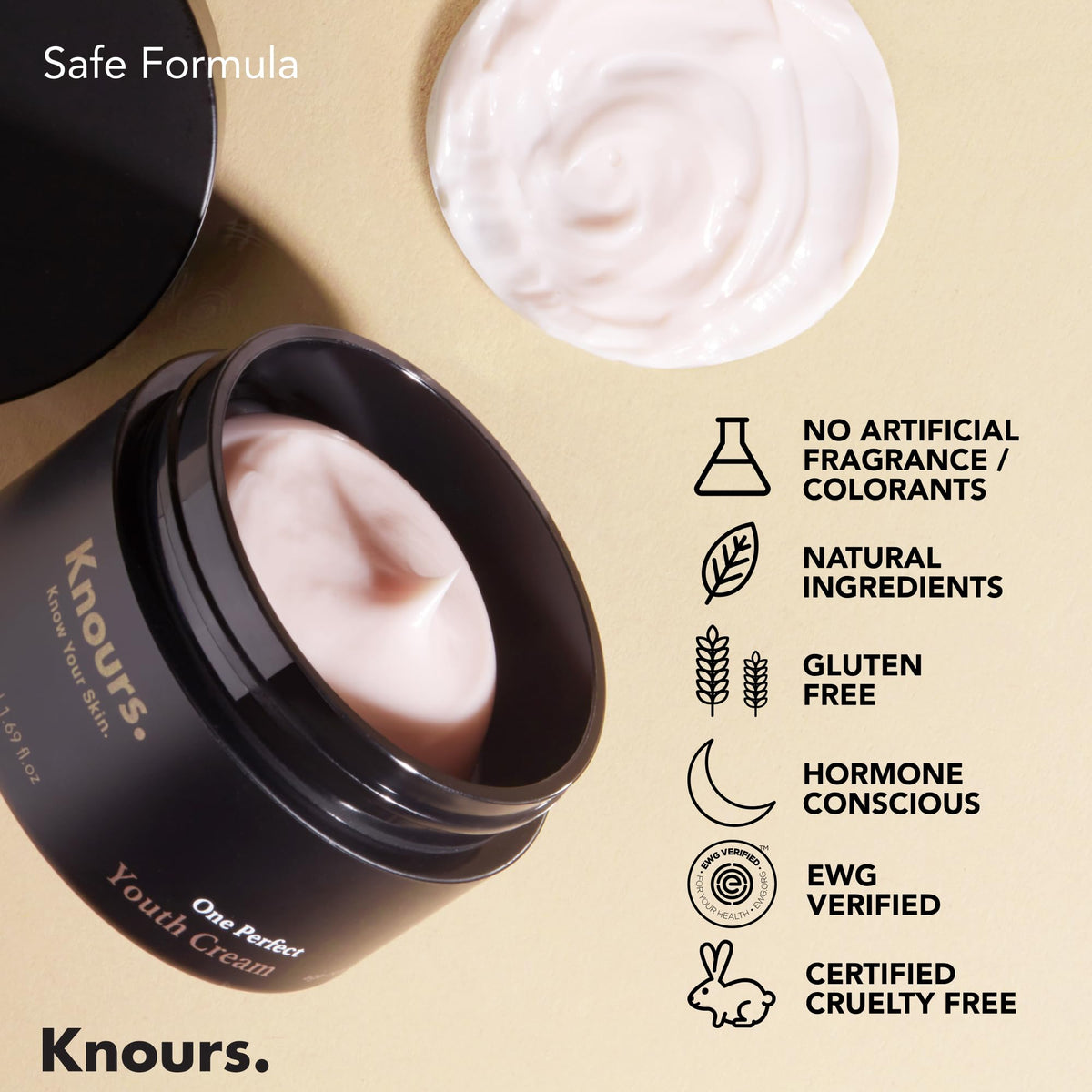 Knours lifestyle bathroom shelf display conveying clean-beauty routine
