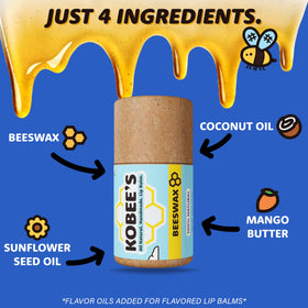 KOBEE'S closed tube label close-up highlighting compostable paper and ingredient transparency benefit.