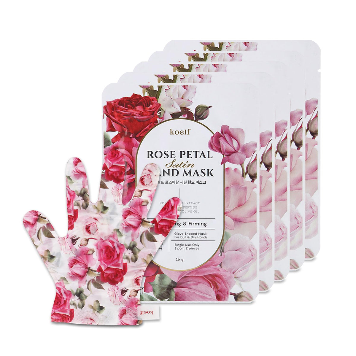 Koelf packaging showing rose petal satin hand mask and benefits