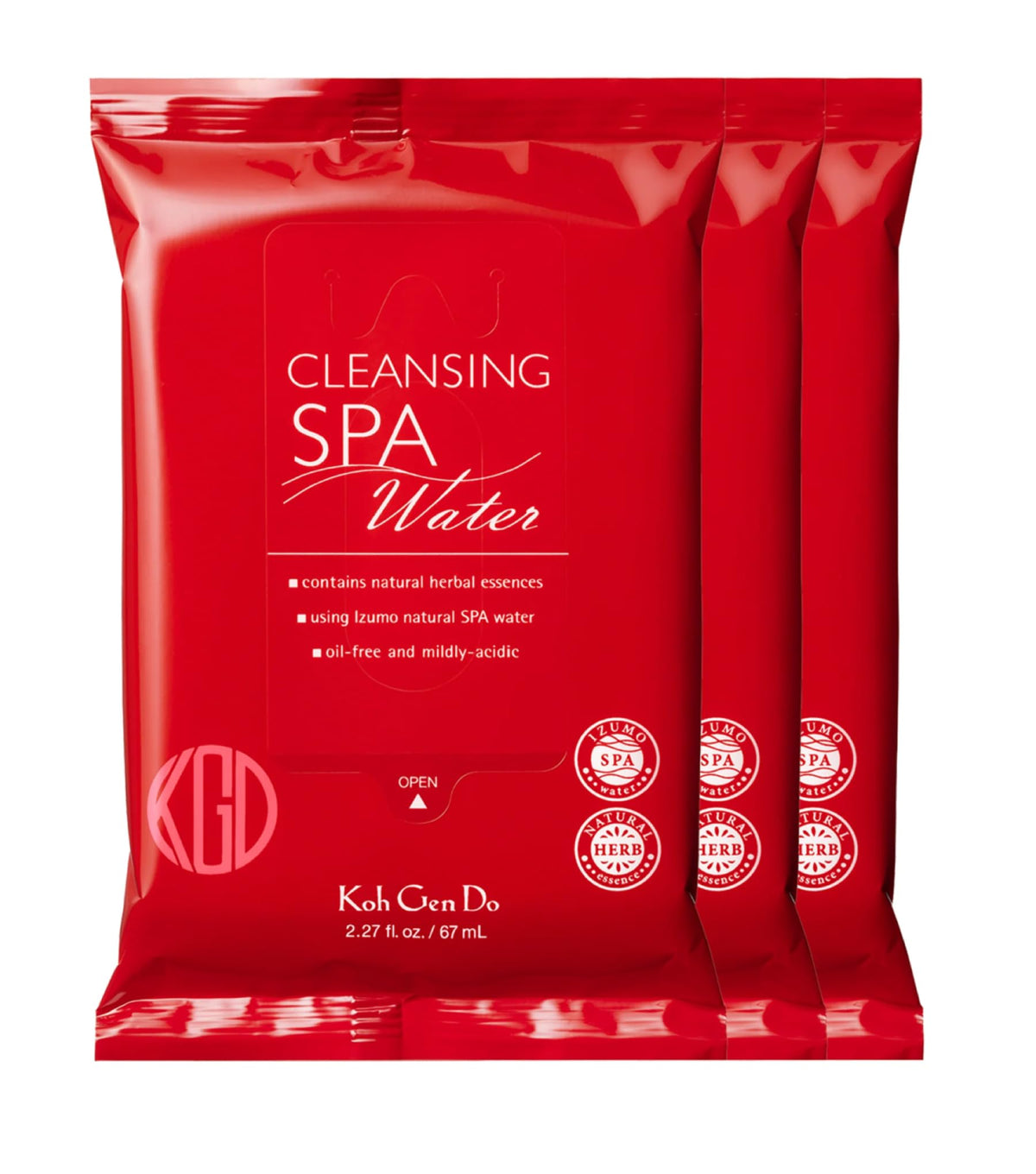 Koh Gen Do front packaging showing three Spa Cleansing Water Cloths and convenience