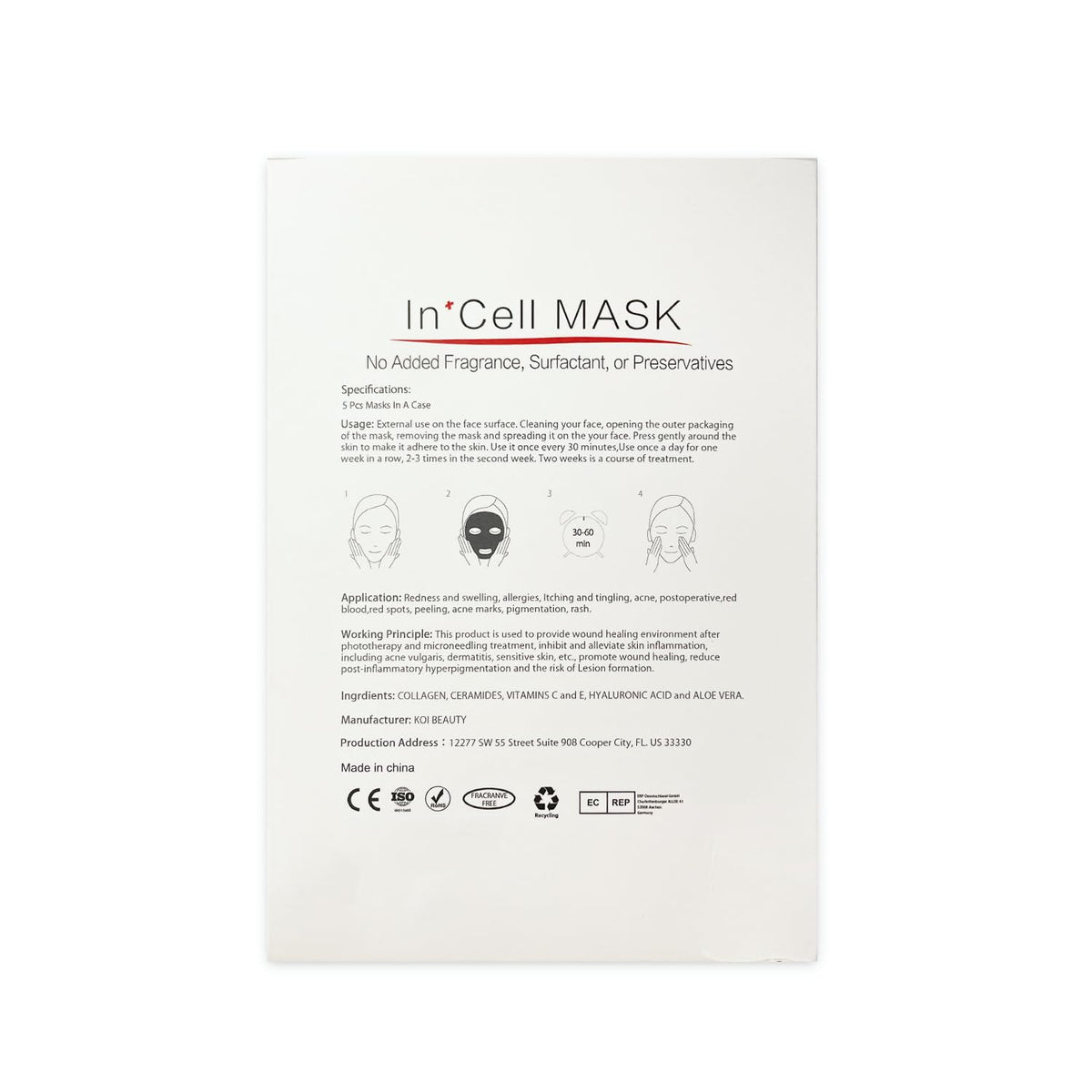 Koi Beauty ingredients display highlighting ceramides, hyaluronic acid, vitamins and aloe