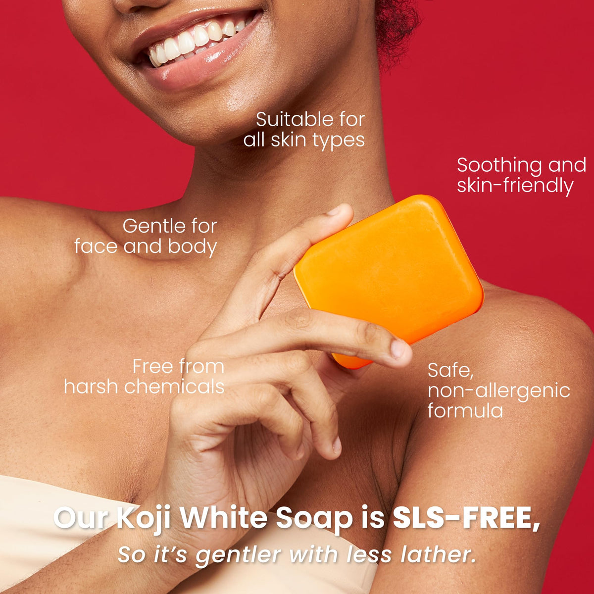 Koji White bar in shower used on body showing even-tone support while cleansing benefit