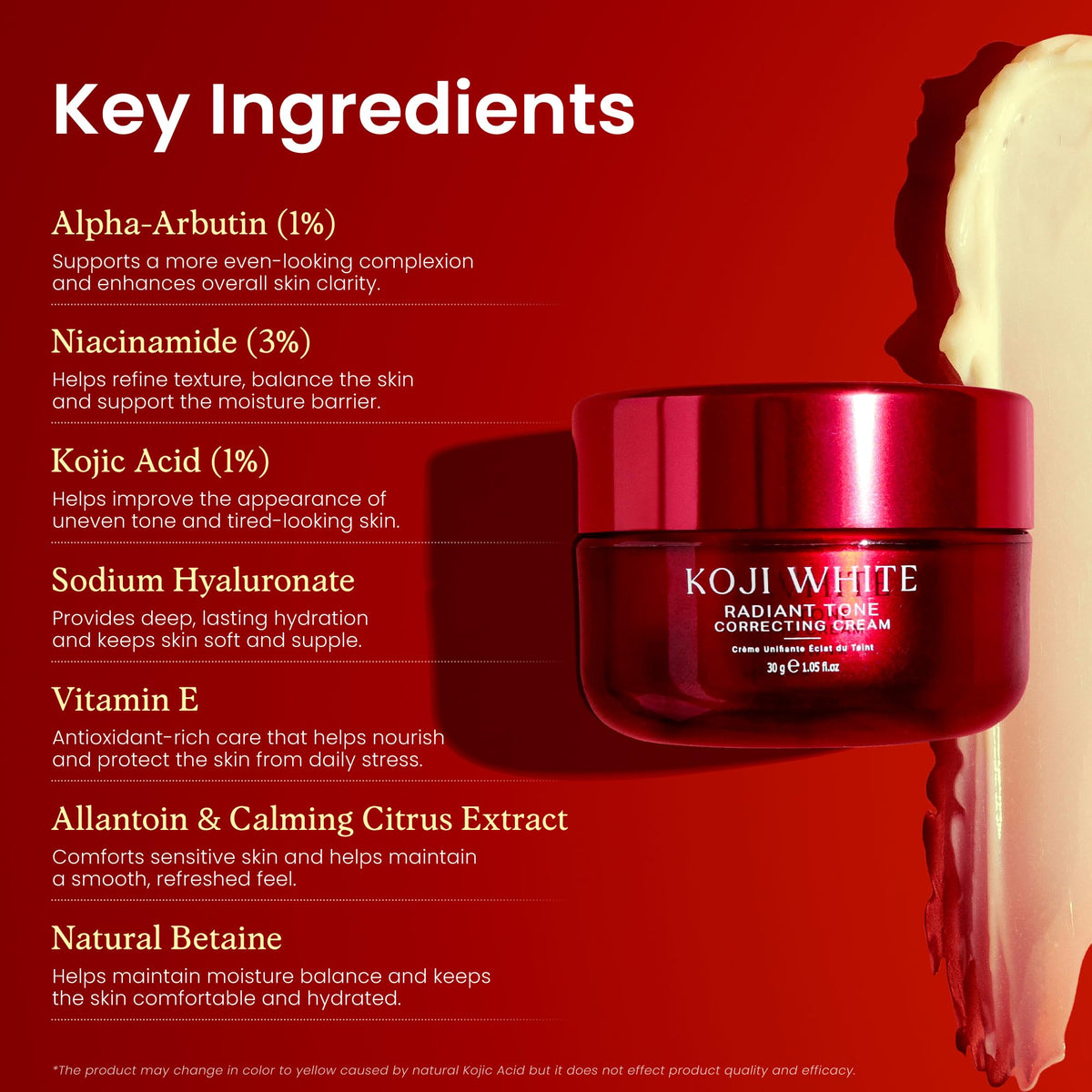 Koji White cream on fingertips demonstrating smooth, lightweight texture