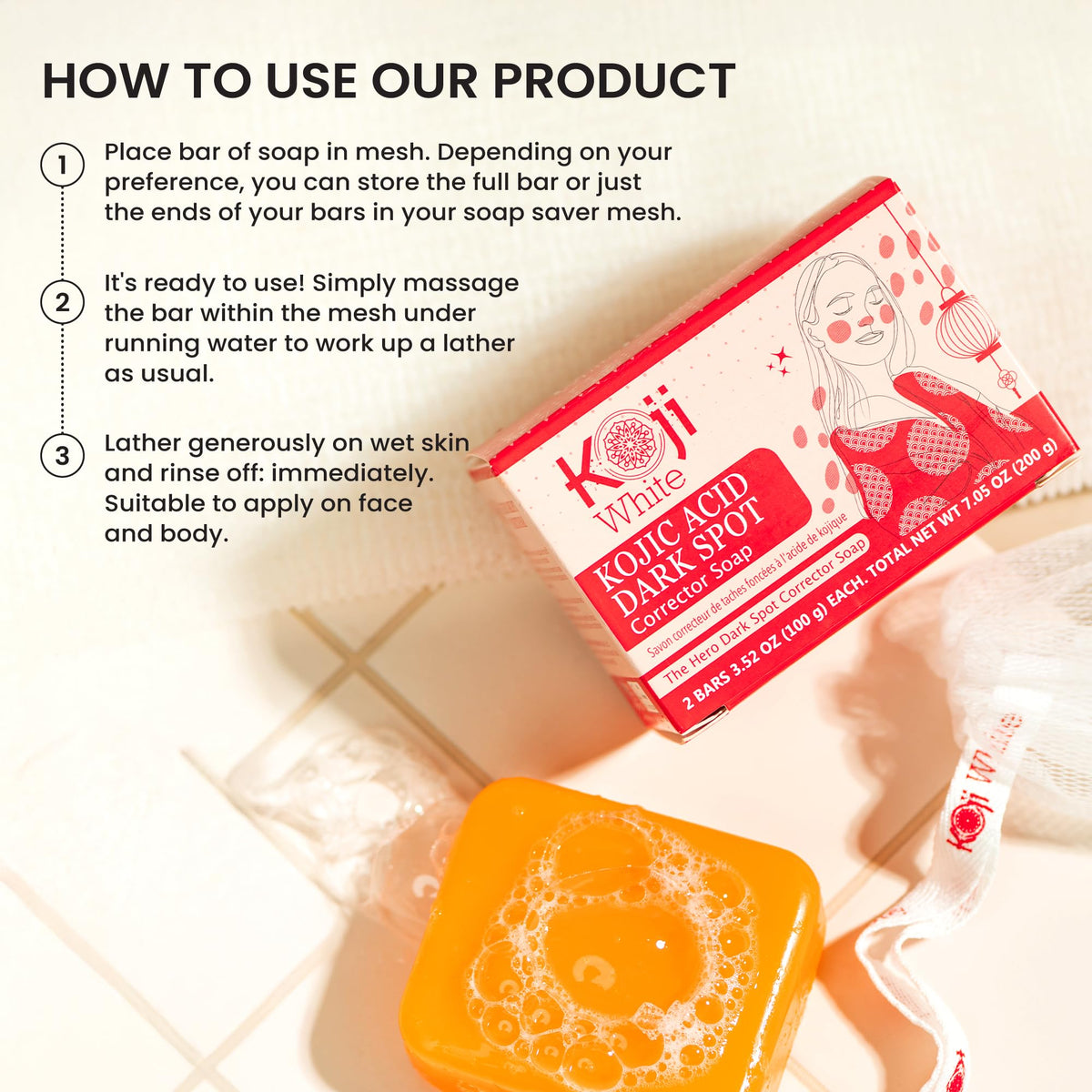 Koji White being used on face during wash routine showing gentle care for sensitive skin benefit