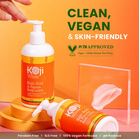 Koji White with papaya slice highlighting natural enzyme exfoliation benefit