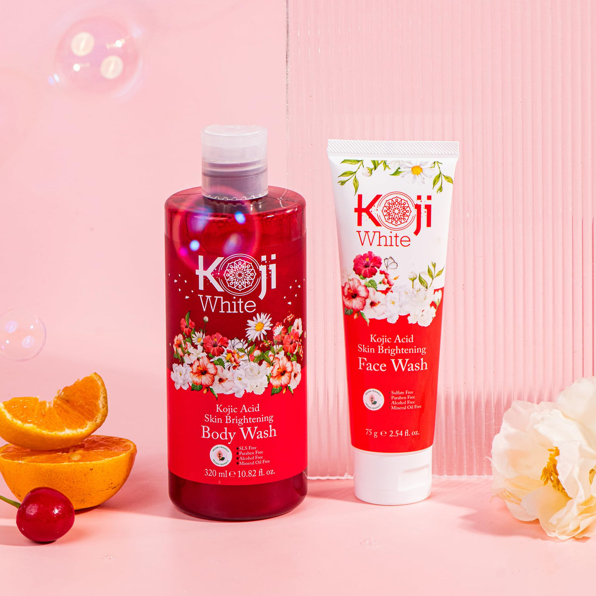 Koji White label detail with certifications, highlighting vegan and paraben-free