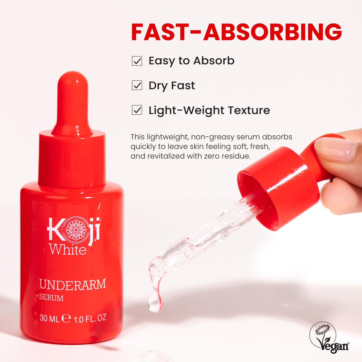 Koji White pump dispenser close-up highlighting easy, controlled dispensing benefit