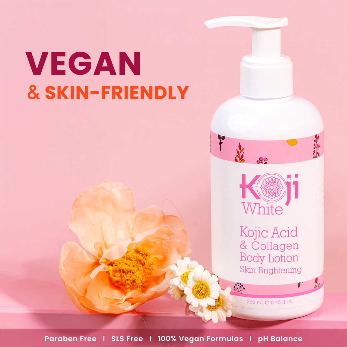 Koji White bottle held in hand to show 8.45 fl oz size and scale