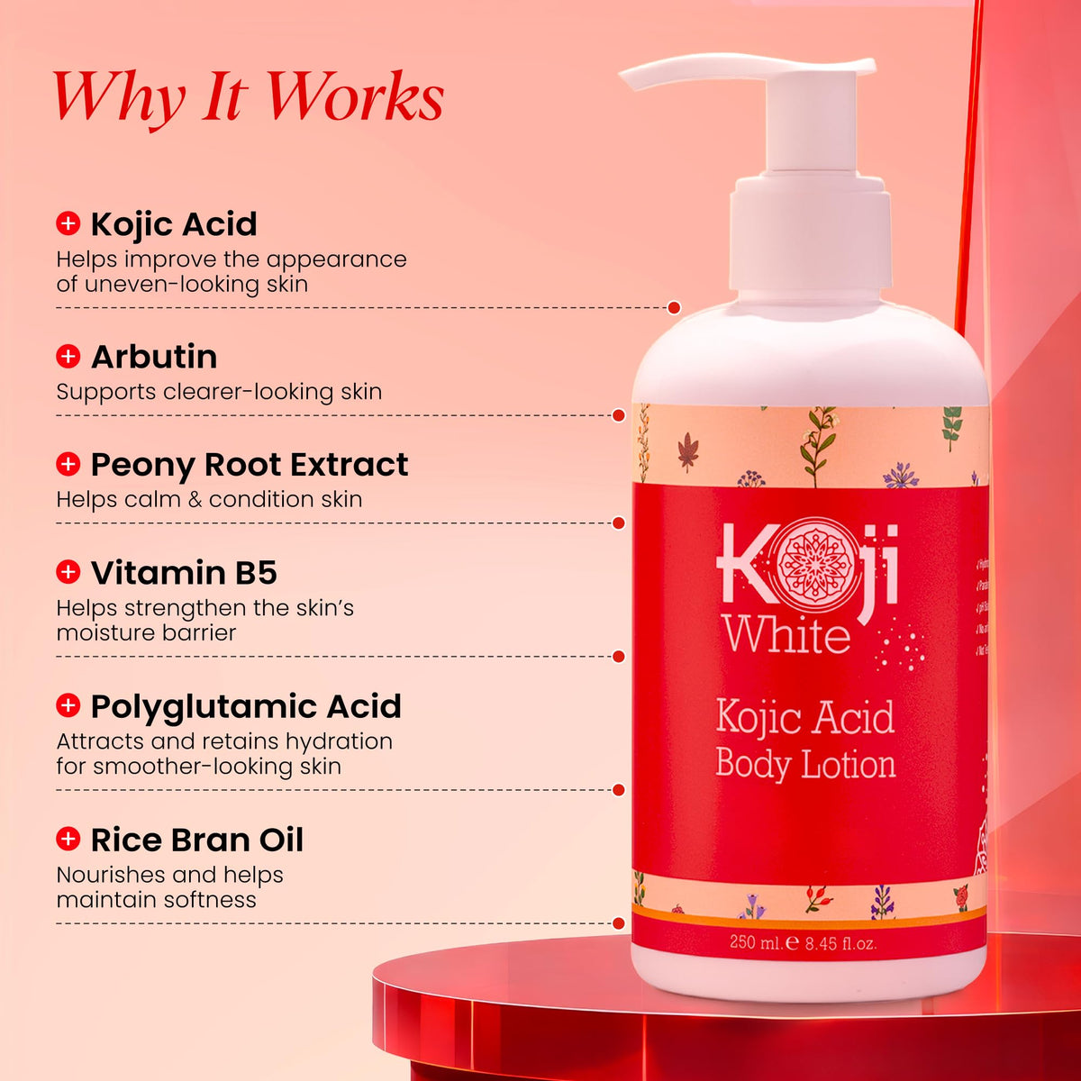 Koji White size comparison in hand showing 8.45 fl oz travel-friendly volume