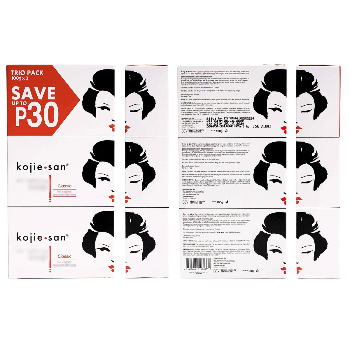 Kojie San bar beside coconut and tea tree leaves to show moisturizing blend