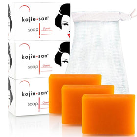 Kojie San front packaging showing three 100g bars and net for longer use