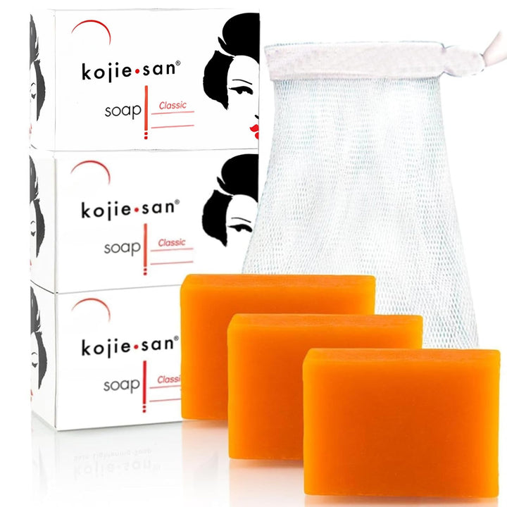 Kojie San front packaging showing three 100g bars and net for longer use