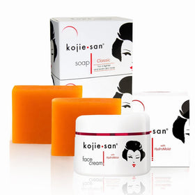 Kojie San front packaging showing two soap bars and face cream, clarifies set contents