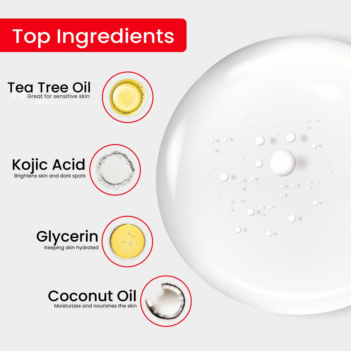 Kojie San ingredients shot with coconut and tea tree highlighting moisturizing and clarifying benefits