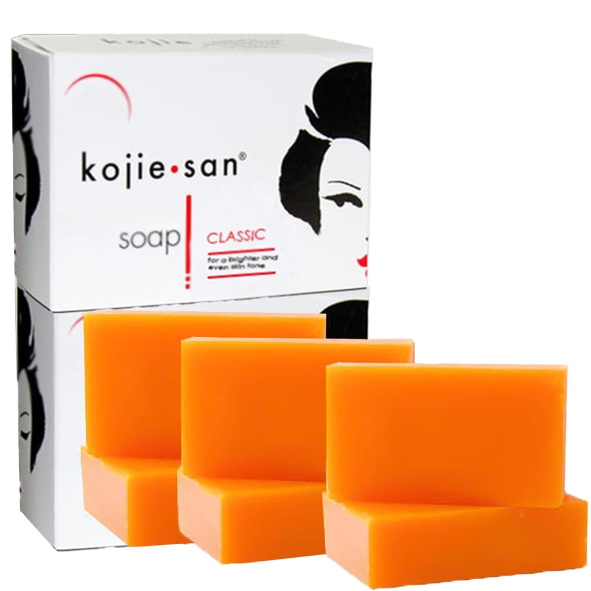 Kojie San front packaging showing six original kojic acid soap bars for brightening
