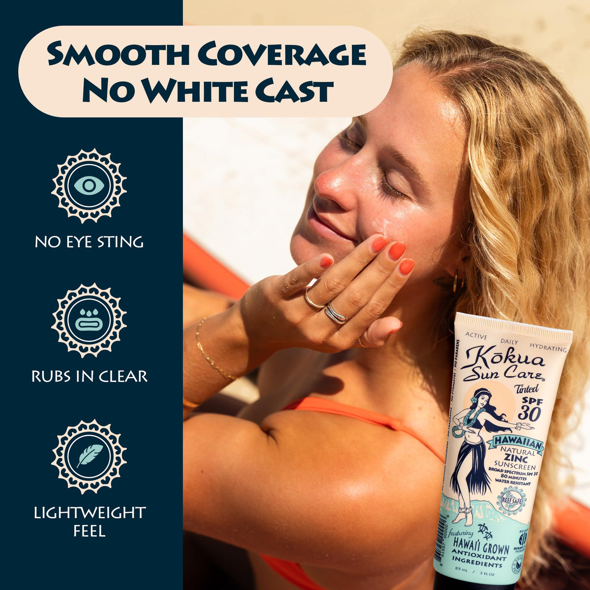 Kokua applying to face by a user showing tint and clear blend benefit