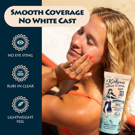 Kokua applying to face by a user showing tint and clear blend benefit