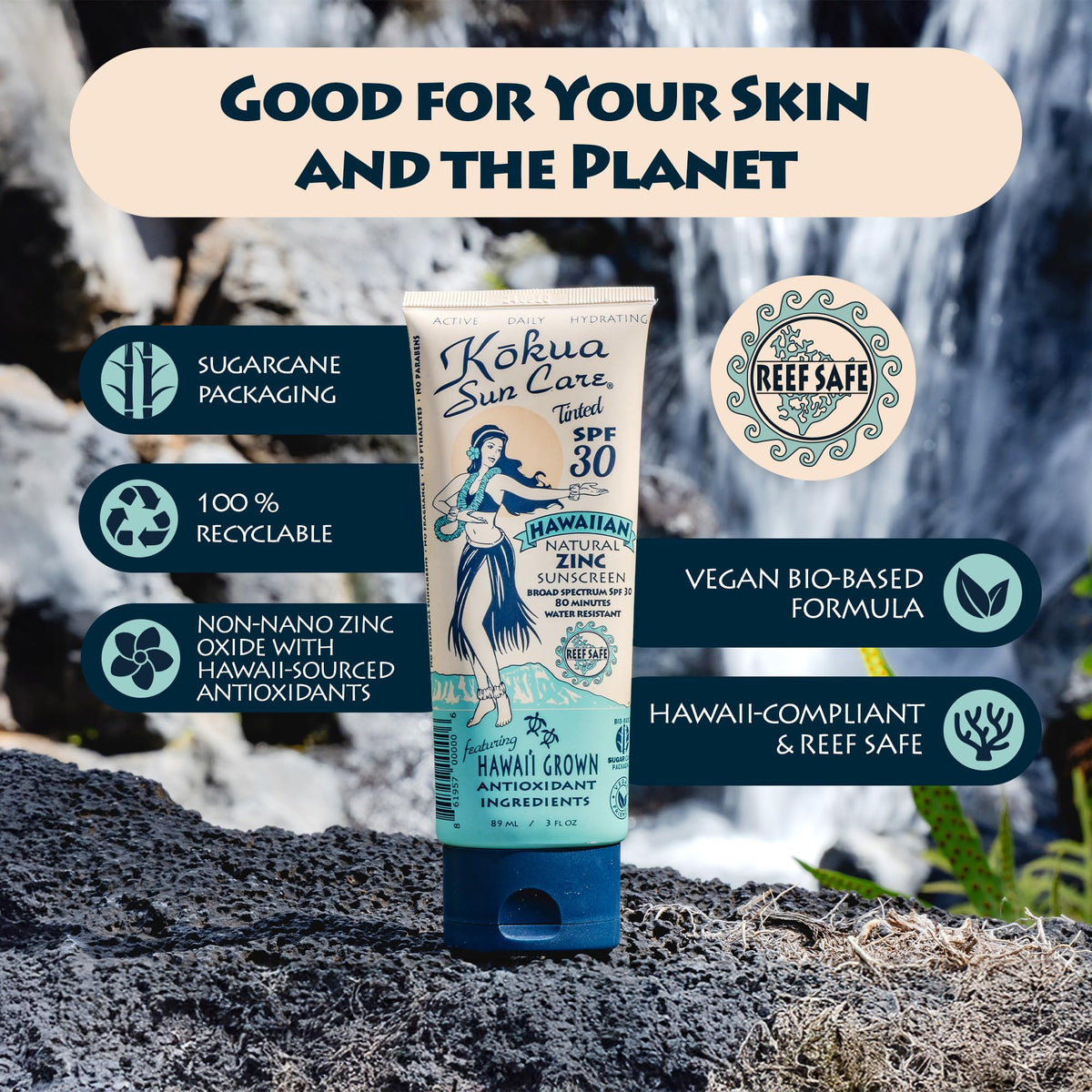 Kokua ingredients flatlay with kukui and spirulina highlighting antioxidants