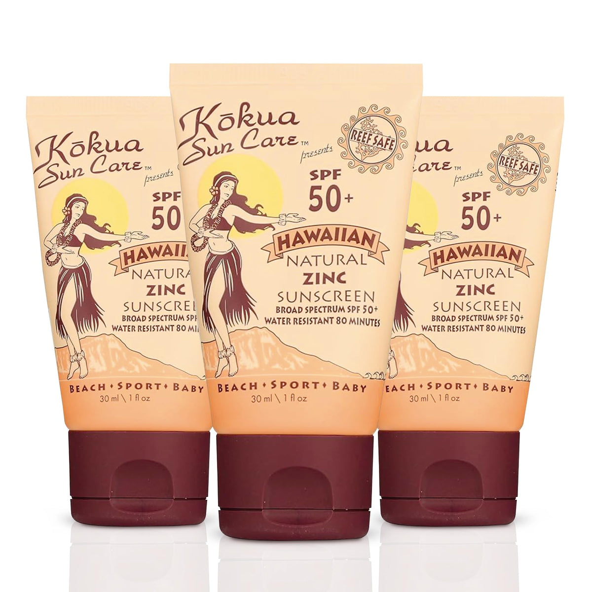 kokua sun care front packaging showing three 1oz travel tubes and SPF 50 protection