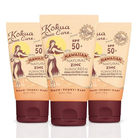 kokua sun care front packaging showing three 1oz travel tubes and SPF 50 protection