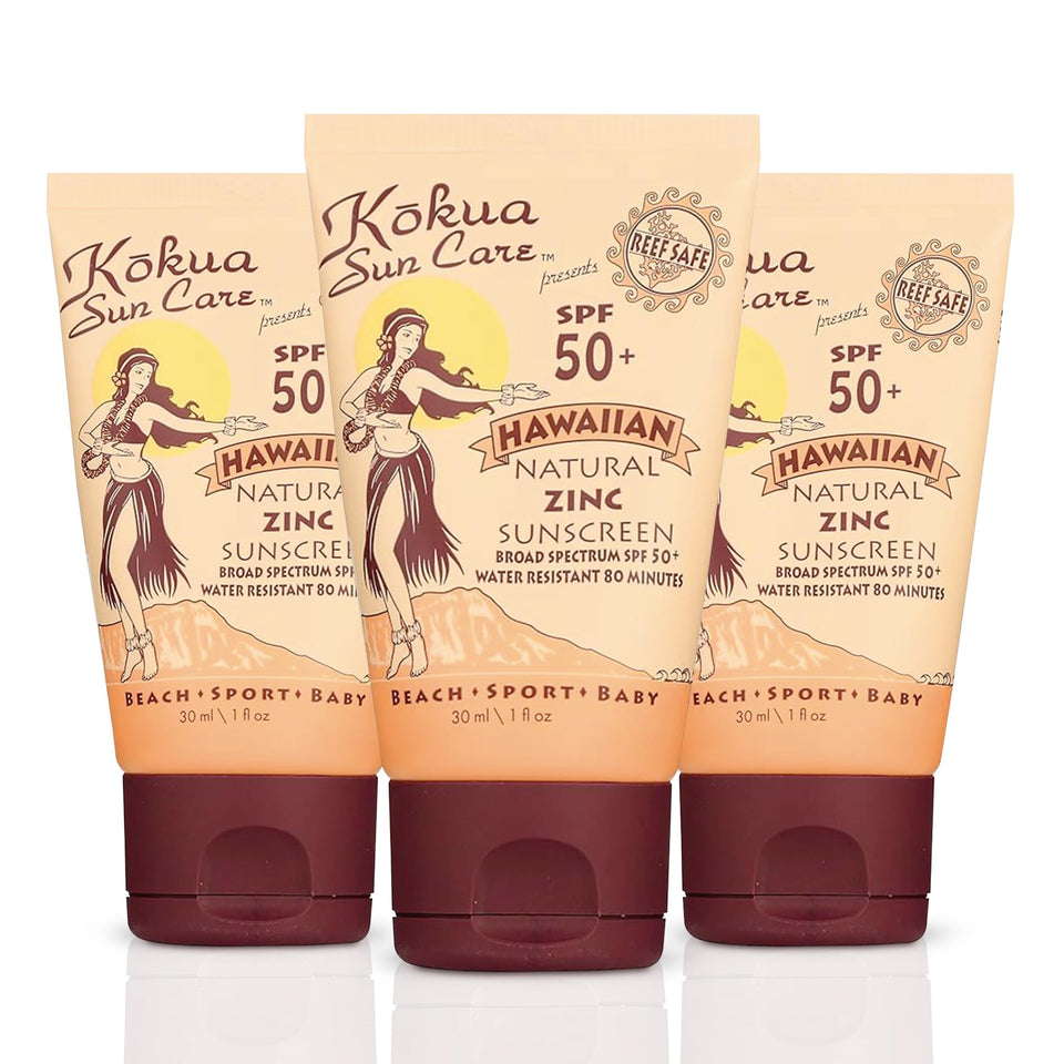kokua sun care front packaging showing three 1oz travel tubes and SPF 50 protection