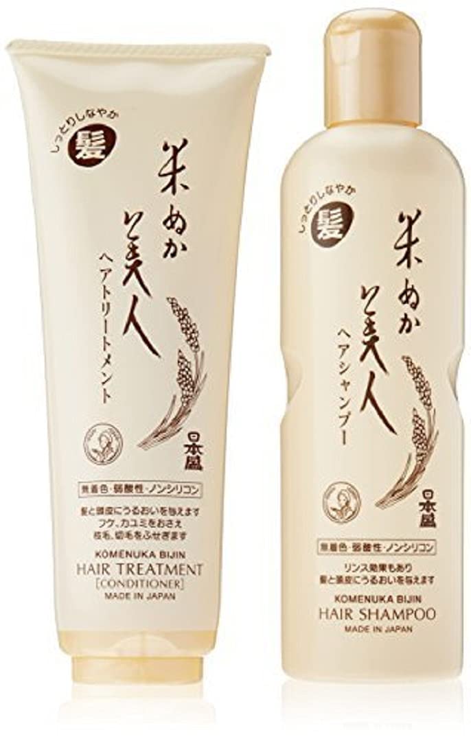 Komenuka Bijin front packaging showing shampoo and conditioner benefits