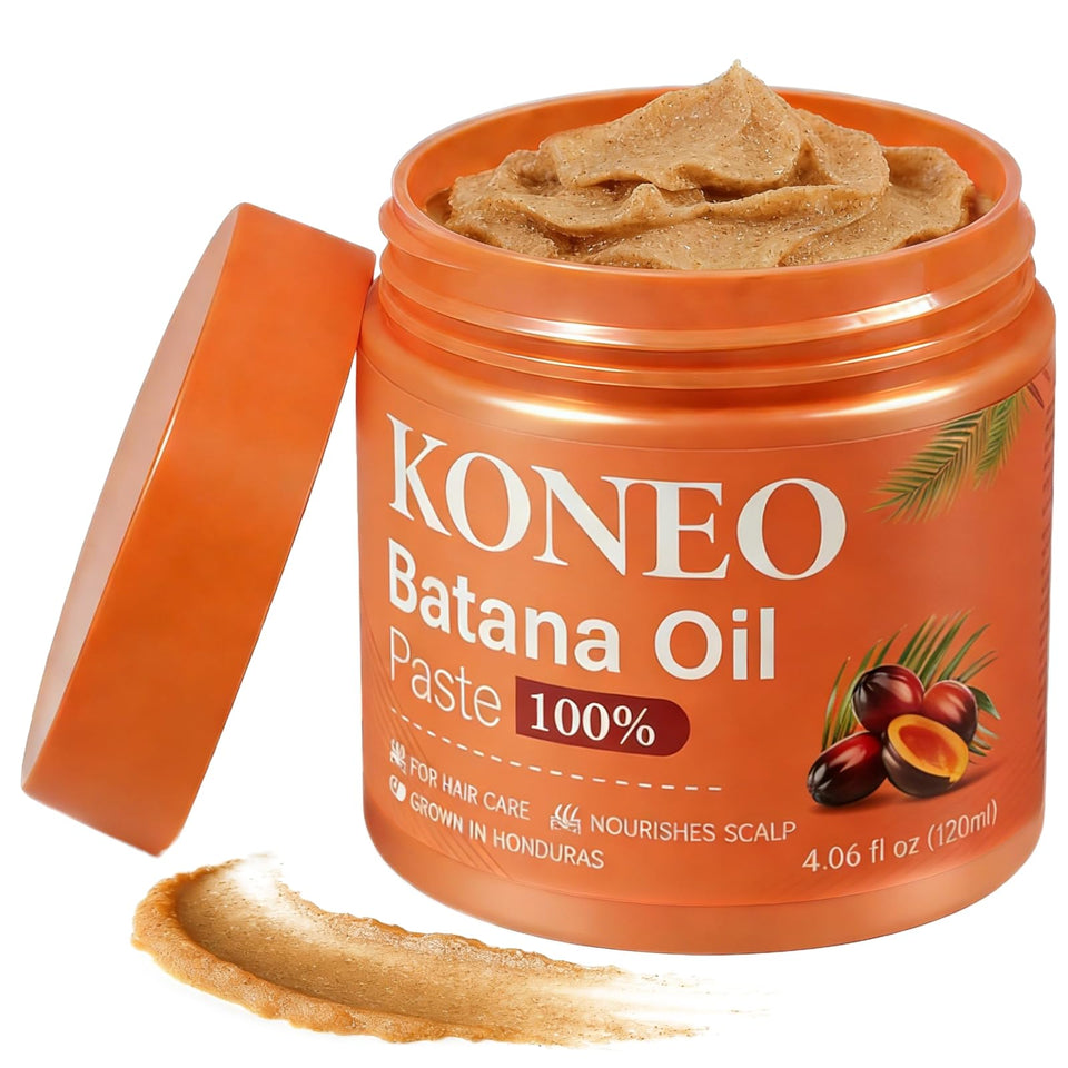 KONEO front packaging showing raw Batana oil paste and benefits
