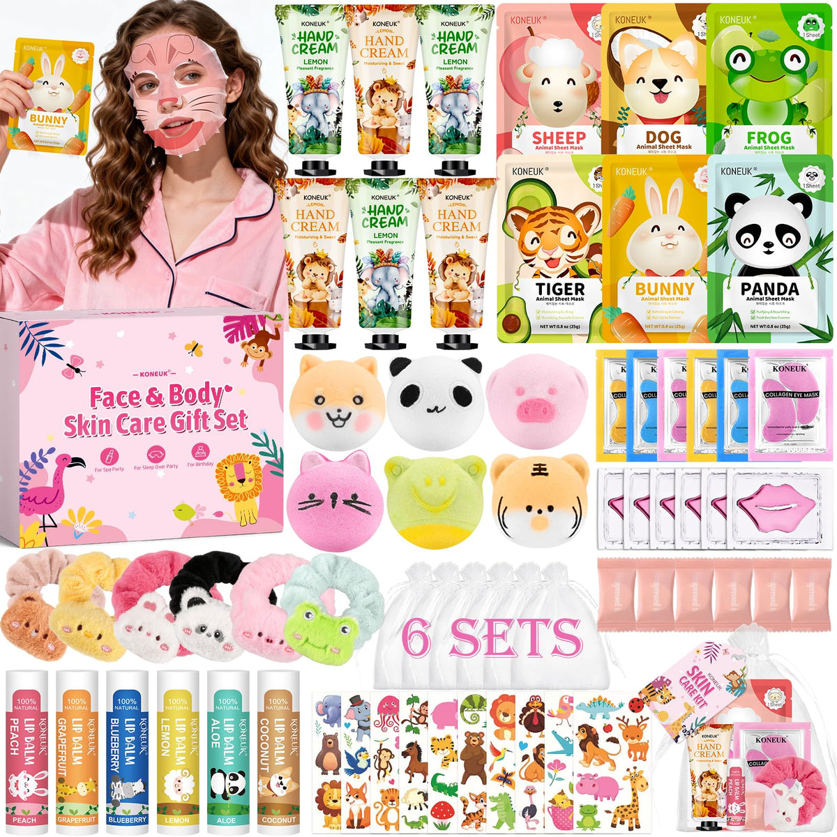 KONEUK front packaging showing full 70-piece animal spa kit and party-ready look