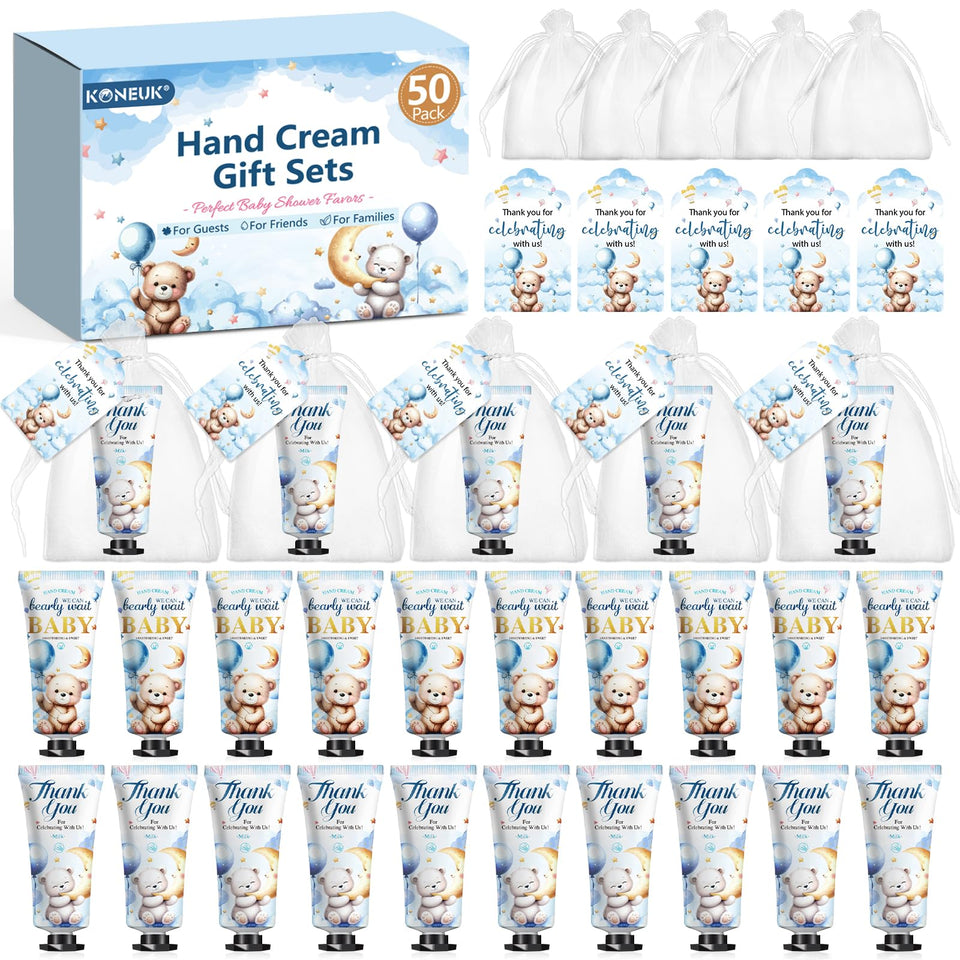 KONEUK front packaging with bear design showing complete 50-piece favor set, easy gifting