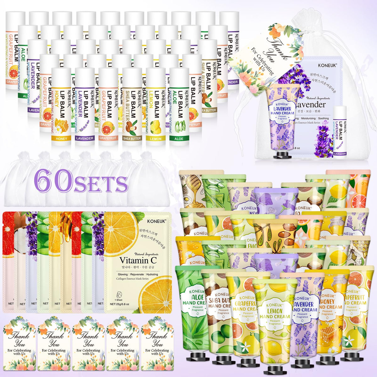 KONEUK front packaging display showing 60 ready-to-gift sets and contents