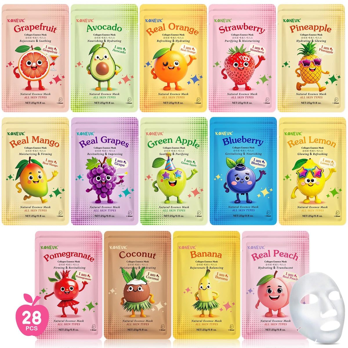 KONEUK front packaging displaying 28 fruit sheet masks and colorful design