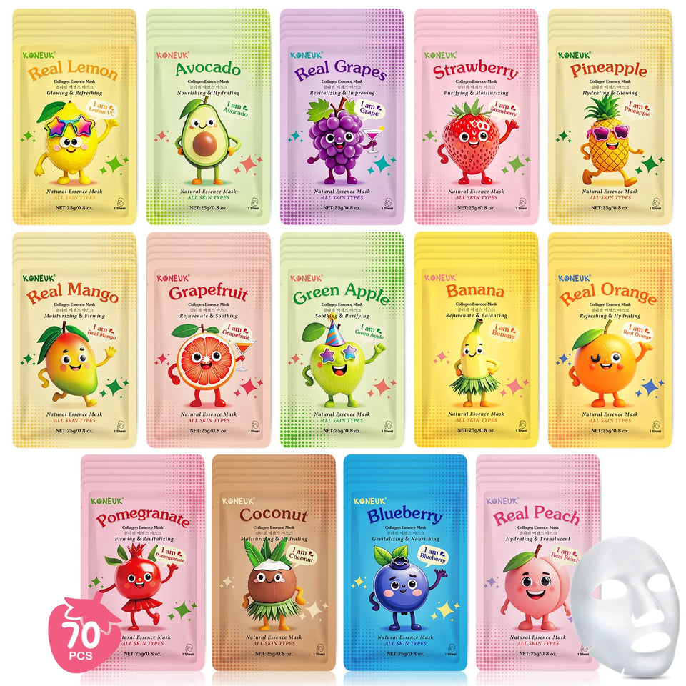 KONEUK front packaging showing colorful fruit designs and 70 masks, fun party-ready look