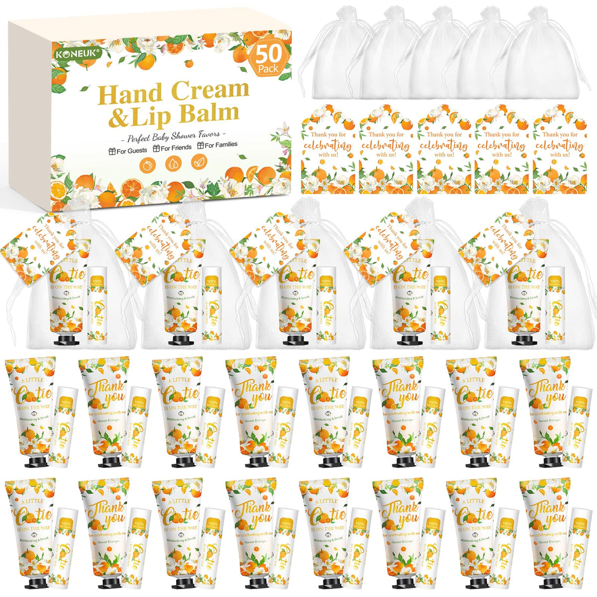KONEUK front packaging showing full 50-piece orange favor set and convenience
