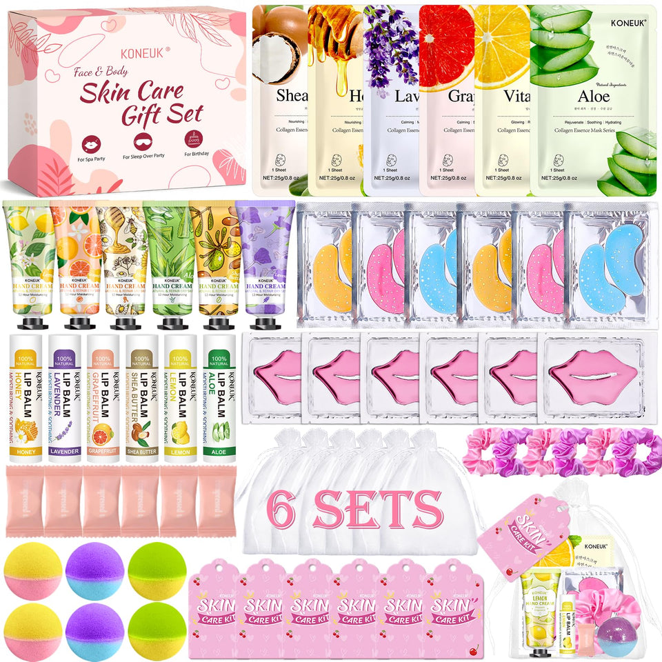 KONEUK front packaging showing full 60-piece spa party kit, organized and ready to gift