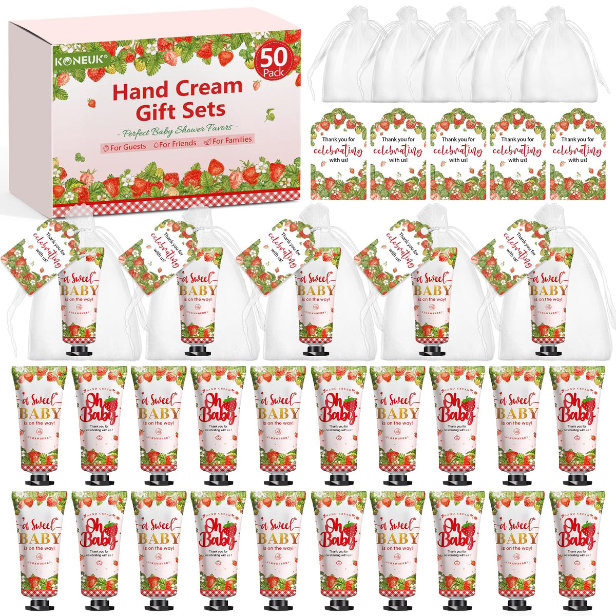 KONEUK front packaging showing 50 strawberry hand cream tubes and accessories, ready to gift