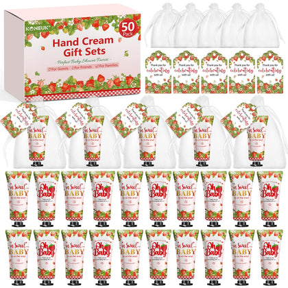 KONEUK front packaging showing 50 strawberry hand cream tubes and accessories, ready to gift