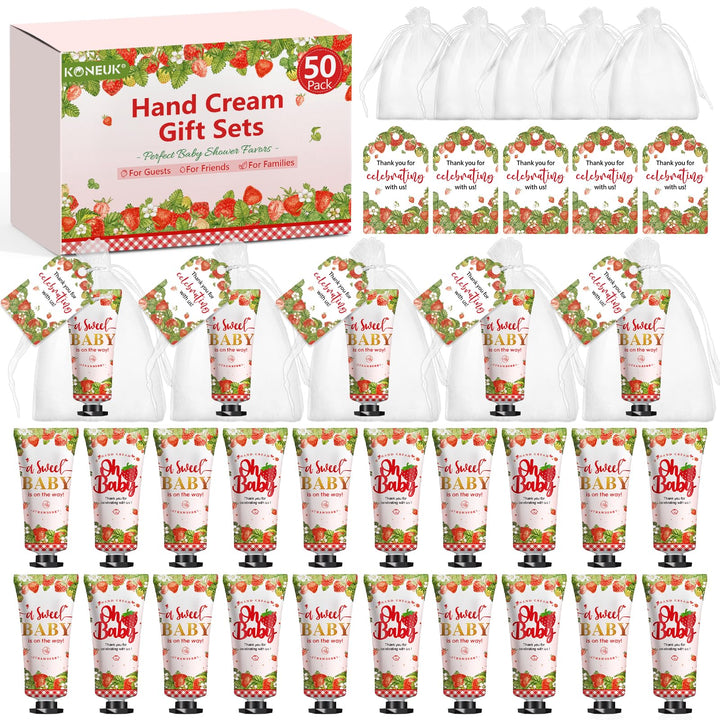 KONEUK front packaging showing 50 strawberry hand cream tubes and accessories, ready to gift
