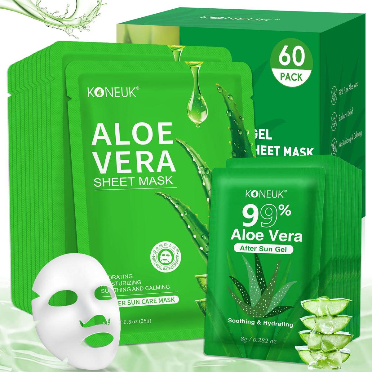 KONEUK front packaging showing travel-size aloe gel and mask set for convenience