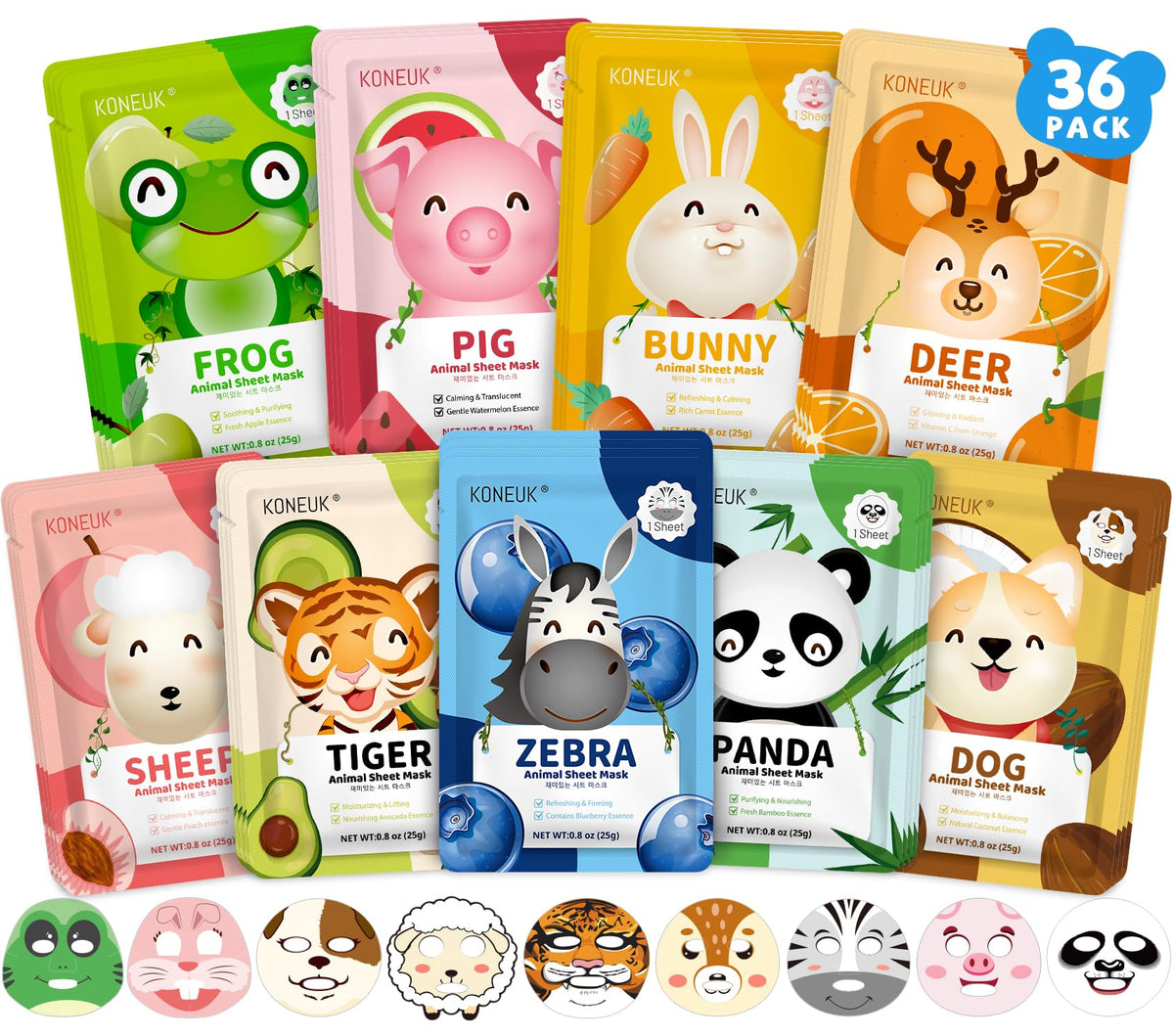 KONEUK front packaging showing 36-pack and colorful animal faces for party-ready fun