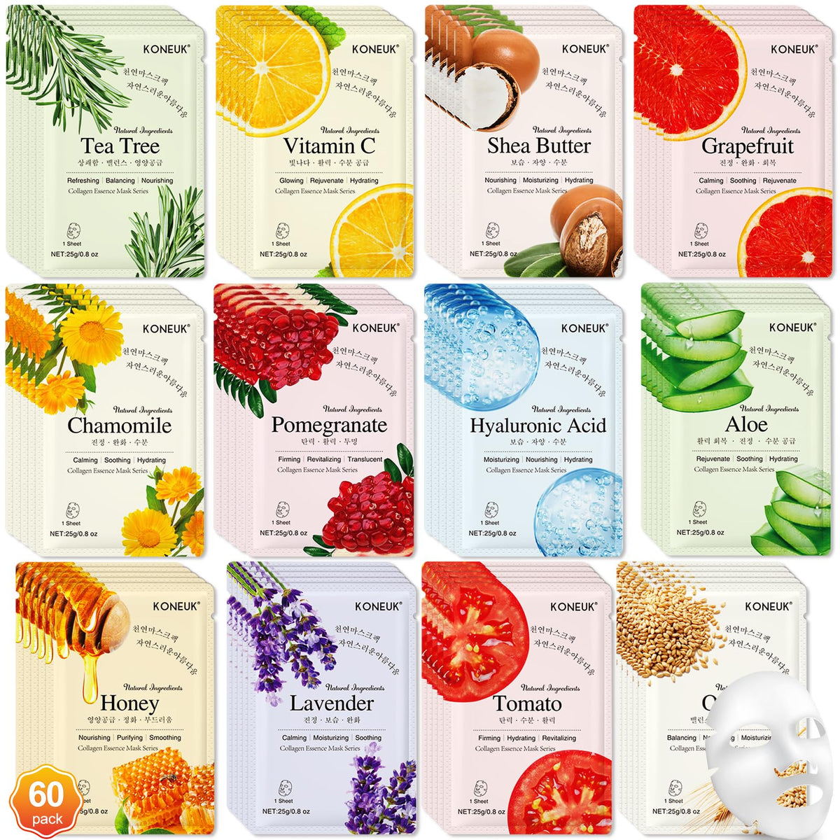 KONEUK front packaging showing 60-pack and botanical artwork benefits